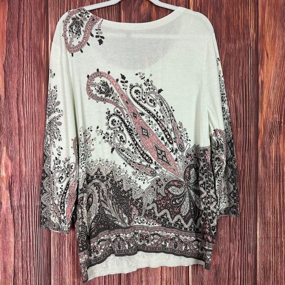 Talbots 2X Sweater Top Paisley Print 3/4 Sleeve Brown Pink Ivory Cotton Blend - Picture 2 of 7